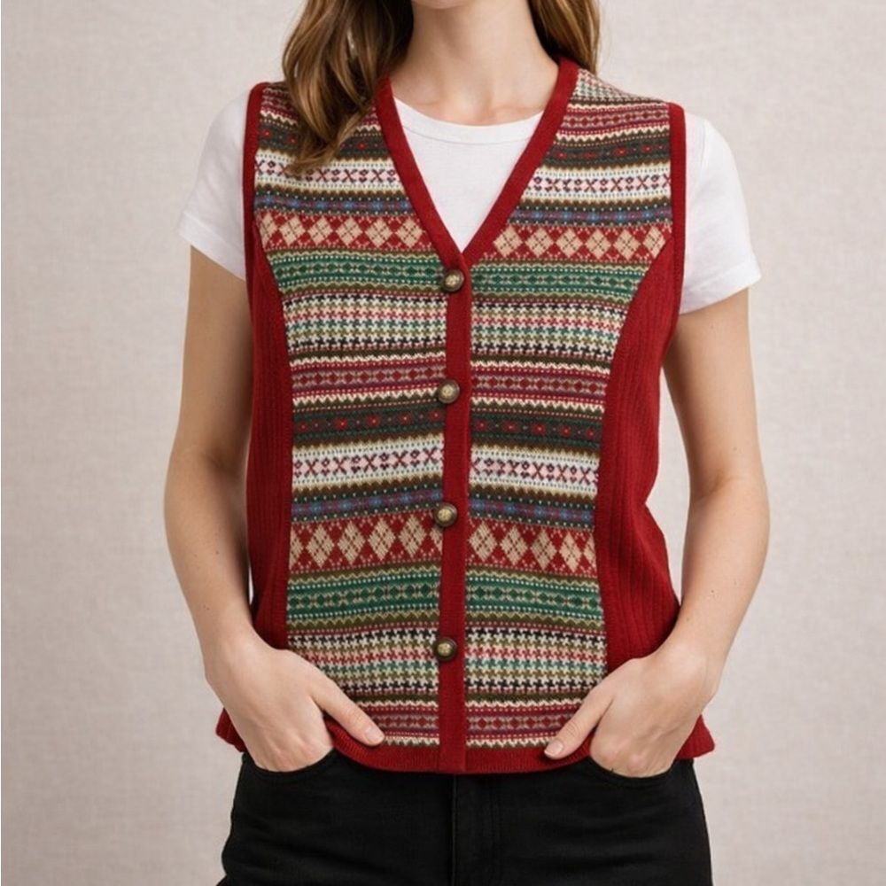 Vintage Susan Bristol Fair Isle Sweater Vest Womens M Red Nordic Knit
